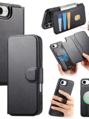 For iPhone 16e Magnetic Case CASENEO RFID Blocking Wallet Detachable Leather Phone Cover with Wristband Black iPhone 16e by The Case Factory