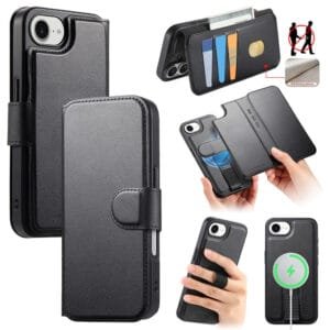 For iPhone 16e Magnetic Case CASENEO RFID Blocking Wallet Detachable Leather Phone Cover with Wristband Black iPhone 16e by The Case Factory
