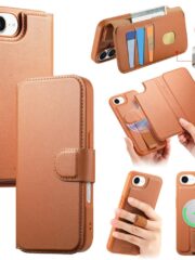 For iPhone 16e Magnetic Case CASENEO RFID Blocking Wallet Detachable Leather Phone Cover with Wristband Brown iPhone 16e by The Case Factory