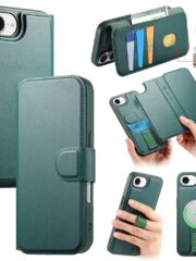 For iPhone 16e Magnetic Case CASENEO RFID Blocking Wallet Detachable Leather Phone Cover with Wristband Green iPhone 16e by The Case Factory