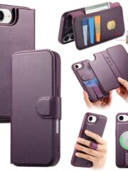 For iPhone 16e Magnetic Case CASENEO RFID Blocking Wallet Detachable Leather Phone Cover with Wristband Purple iPhone 16e by The Case Factory