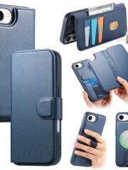 For iPhone 16e Magnetic Case CASENEO RFID Blocking Wallet Detachable Leather Phone Cover with Wristband Blue iPhone 16e by The Case Factory