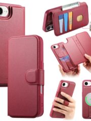 For iPhone 16e Magnetic Case CASENEO RFID Blocking Wallet Detachable Leather Phone Cover with Wristband Red iPhone 16e by The Case Factory