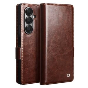 QIALINO For Samsung Galaxy Z Fold7 Wallet Case Waxy Genuine Leather Magnetic Closure Flip Phone Cover Brown Samsung Galaxy Z Fold7 by The Case Factory