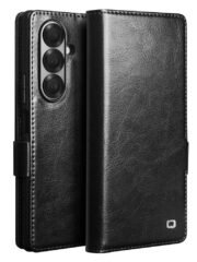 QIALINO For Samsung Galaxy Z Fold7 Wallet Case Waxy Genuine Leather Magnetic Closure Flip Phone Cover Black Samsung Galaxy Z Fold7 by The Case Factory
