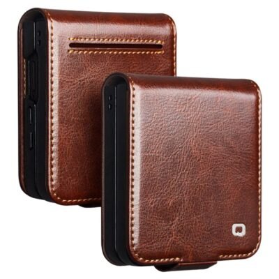 QIALINO For Samsung Galaxy Z Flip7 Case Waxy Genuine Cow Leather Flip Phone Cover with Card Holder Brown Samsung Galaxy Z Flip7 by The Case Factory