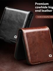 QIALINO For Samsung Galaxy Z Flip7 Case Waxy Genuine Cow Leather Flip Phone Cover with Card Holder by The Case Factory
