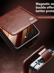 QIALINO For Samsung Galaxy Z Flip7 Case Waxy Genuine Cow Leather Flip Phone Cover with Card Holder by The Case Factory