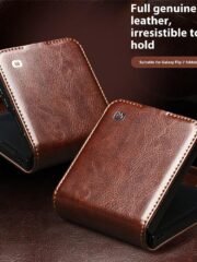 QIALINO For Samsung Galaxy Z Flip7 Case Waxy Genuine Cow Leather Flip Phone Cover with Card Holder by The Case Factory