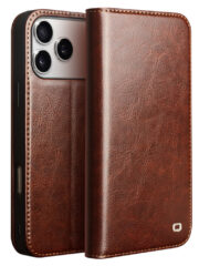 QIALINO For iPhone 17 Pro Case Wallet Stand Genuine Cow Leather Phone Cover Brown iPhone 17 Pro by The Case Factory