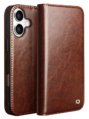 QIALINO For iPhone 17 Case Wallet Stand Genuine Cow Leather Phone Cover Brown iPhone 17 by The Case Factory