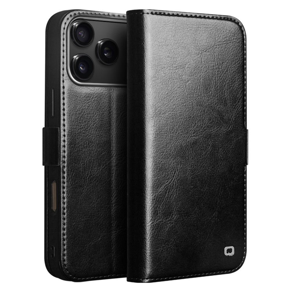 QIALINO For iPhone 17 Pro Max Case with Card Holder Genuine Cow Leather Stand Phone Cover Black iPhone 17 Pro Max by The Case Factory