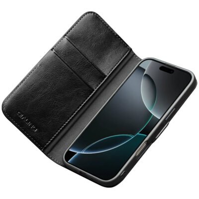 QIALINO For iPhone 17 Pro Case with Card Holder Genuine Cow Leather Stand Phone Cover by The Case Factory