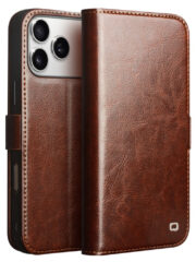 QIALINO For iPhone 17 Pro Case with Card Holder Genuine Cow Leather Stand Phone Cover Brown iPhone 17 Pro by The Case Factory