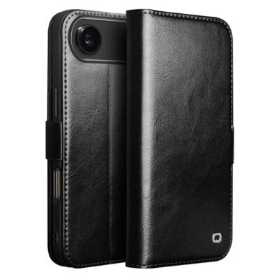 QIALINO For iPhone Air Case With Card Holder Genuine Cow Leather Stand Phone Cover Black iPhone Air by The Case Factory