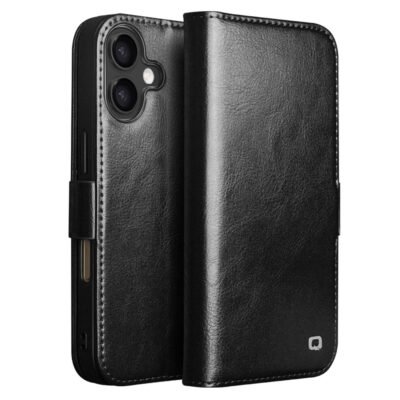 QIALINO For iPhone 17 Case with Card Holder Genuine Cow Leather Stand Phone Cover Black iPhone 17 by The Case Factory