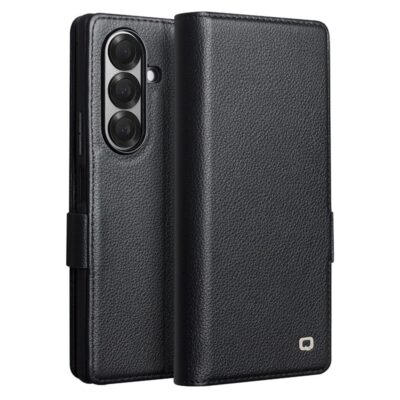 QIALINO For Samsung Galaxy Z Fold7 Case with Card Holder Genuine Leather Stand Phone Cover Black Samsung Galaxy Z Fold7 by The Case Factory
