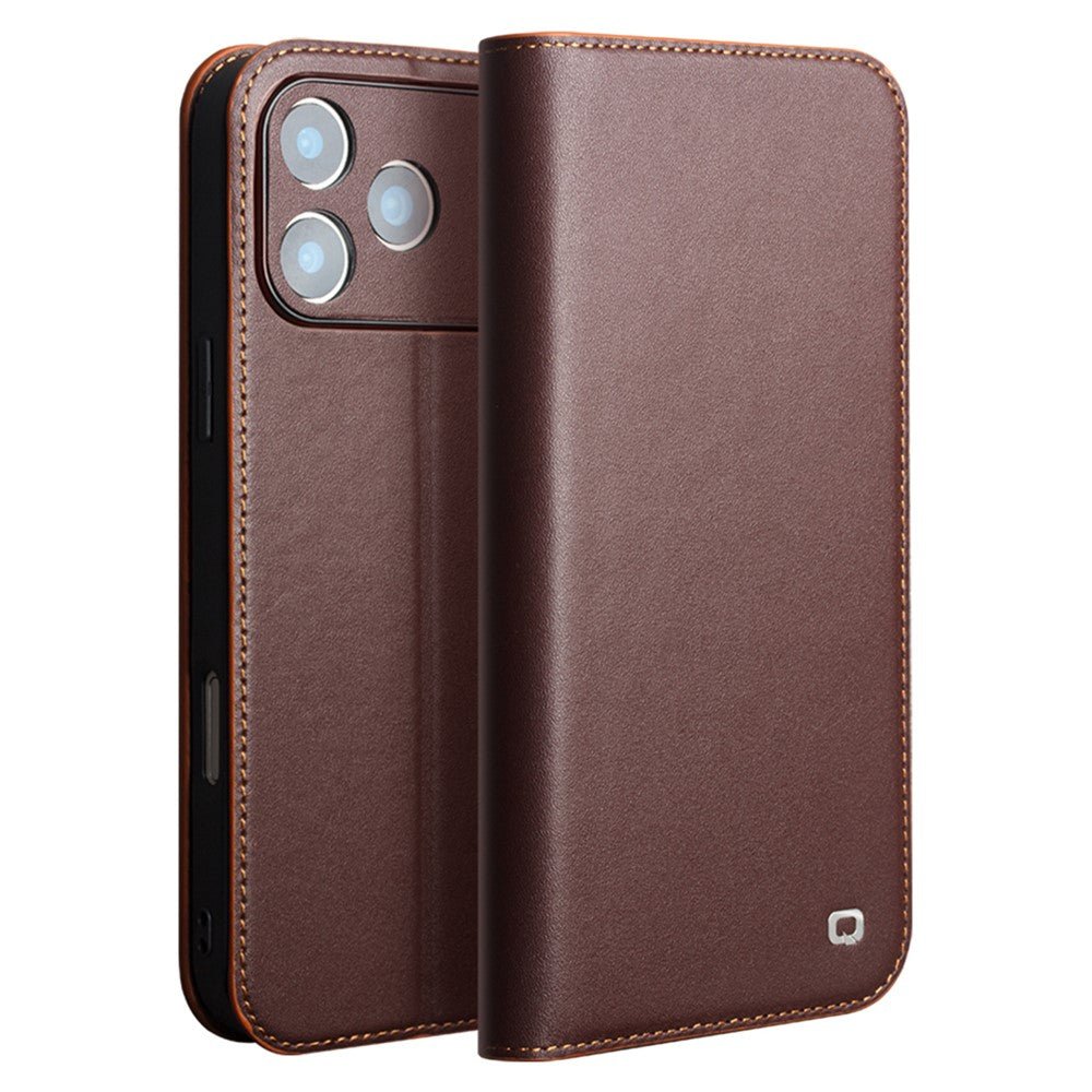 QIALINO For iPhone 17 Pro Max Case Wallet Flip Stand Genuine Cow Leather Phone Cover Brown iPhone 17 Pro Max by The Case Factory