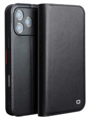 QIALINO For iPhone 17 Pro Max Case Wallet Flip Stand Genuine Cow Leather Phone Cover Black iPhone 17 Pro Max by The Case Factory