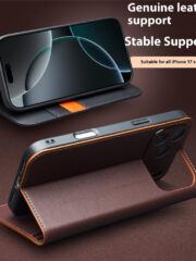 QIALINO For iPhone 17 Pro Case Wallet Flip Stand Genuine Cow Leather Phone Cover by The Case Factory