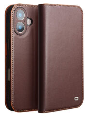 QIALINO For iPhone 17 Case Wallet Flip Stand Phone Cover Genuine Cow Leather Brown iPhone 17 by The Case Factory