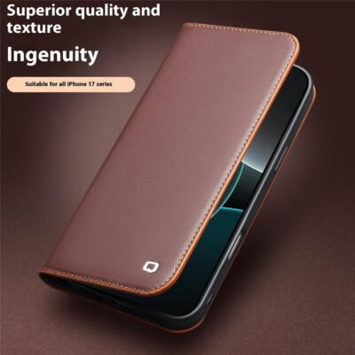 QIALINO For iPhone 17 Case Wallet Flip Stand Phone Cover Genuine Cow Leather by The Case Factory