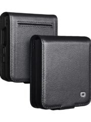 QIALINO For Samsung Galaxy Z Flip7 Case Litchi Textured Genuine Leather Flip Phone Cover with Card Holder Black Samsung Galaxy Z Flip7 by The Case Factory