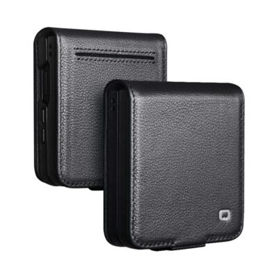 QIALINO For Samsung Galaxy Z Flip7 Case Litchi Textured Genuine Leather Flip Phone Cover with Card Holder Black Samsung Galaxy Z Flip7 by The Case Factory