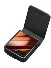 QIALINO For Samsung Galaxy Z Flip7 Case Litchi Textured Genuine Leather Flip Phone Cover with Card Holder by The Case Factory