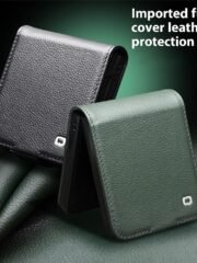 QIALINO For Samsung Galaxy Z Flip7 Case Litchi Textured Genuine Leather Flip Phone Cover with Card Holder by The Case Factory