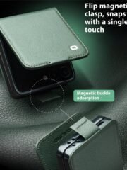 QIALINO For Samsung Galaxy Z Flip7 Case Litchi Textured Genuine Leather Flip Phone Cover with Card Holder by The Case Factory