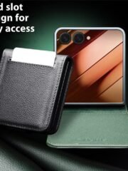 QIALINO For Samsung Galaxy Z Flip7 Case Litchi Textured Genuine Leather Flip Phone Cover with Card Holder by The Case Factory