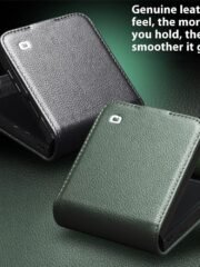 QIALINO For Samsung Galaxy Z Flip7 Case Litchi Textured Genuine Leather Flip Phone Cover with Card Holder by The Case Factory