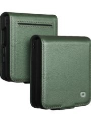 QIALINO For Samsung Galaxy Z Flip7 Case Litchi Textured Genuine Leather Flip Phone Cover with Card Holder Green Samsung Galaxy Z Flip7 by The Case Factory
