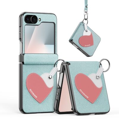 DUX DUCIS Luvy Series For Samsung Galaxy Z Flip6 / Galaxy Z Flip7 FE Case Leather Phone Cover with Ring Holder / Strap Cyan Blue-Love Samsung Galaxy Z Flip6 by The Case Factory