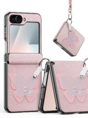 DUX DUCIS Luvy Series For Samsung Galaxy Z Flip6 / Galaxy Z Flip7 FE Case Leather Phone Cover with Ring Holder / Strap Pink-Butterfly Samsung Galaxy Z Flip6 by The Case Factory