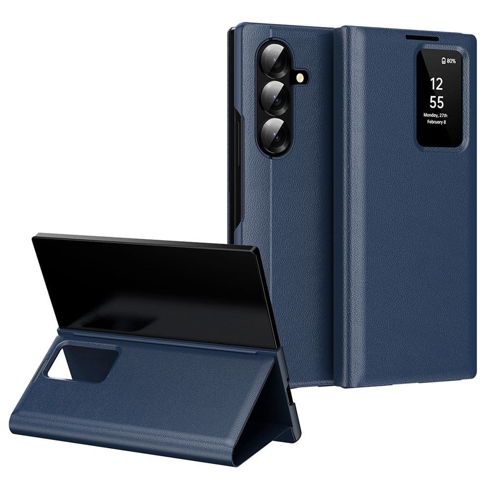Flip Leather Case For Samsung Galaxy Z Fold 7 6 5 4 3 Series with Smart View Window and Card Slot Phone Cover Sapphire Samsung Galaxy Z Fold7 by The Case Factory