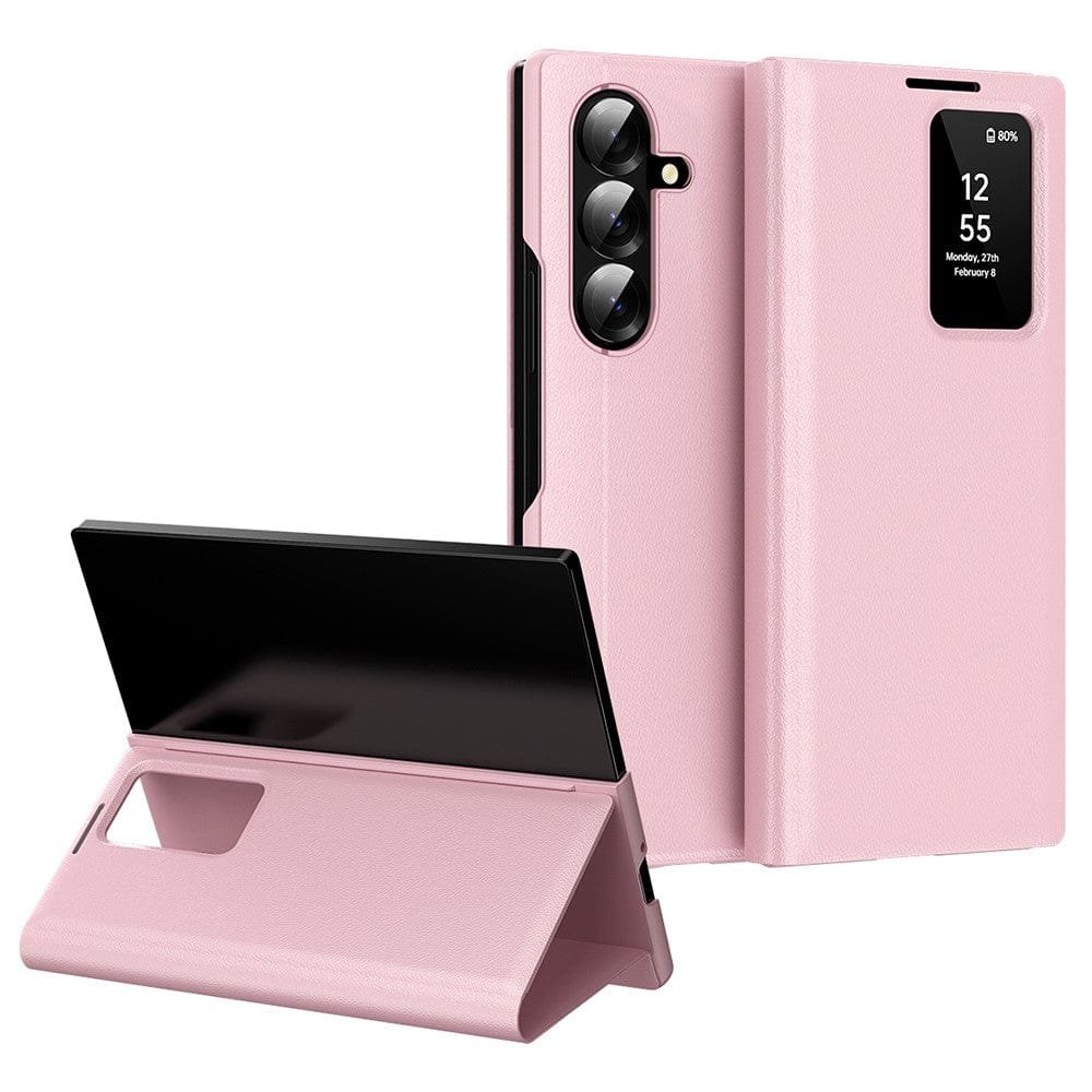 Flip Leather Case For Samsung Galaxy Z Fold 7 6 5 4 3 Series with Smart View Window and Card Slot Phone Cover Pink Samsung Galaxy Z Fold7 by The Case Factory