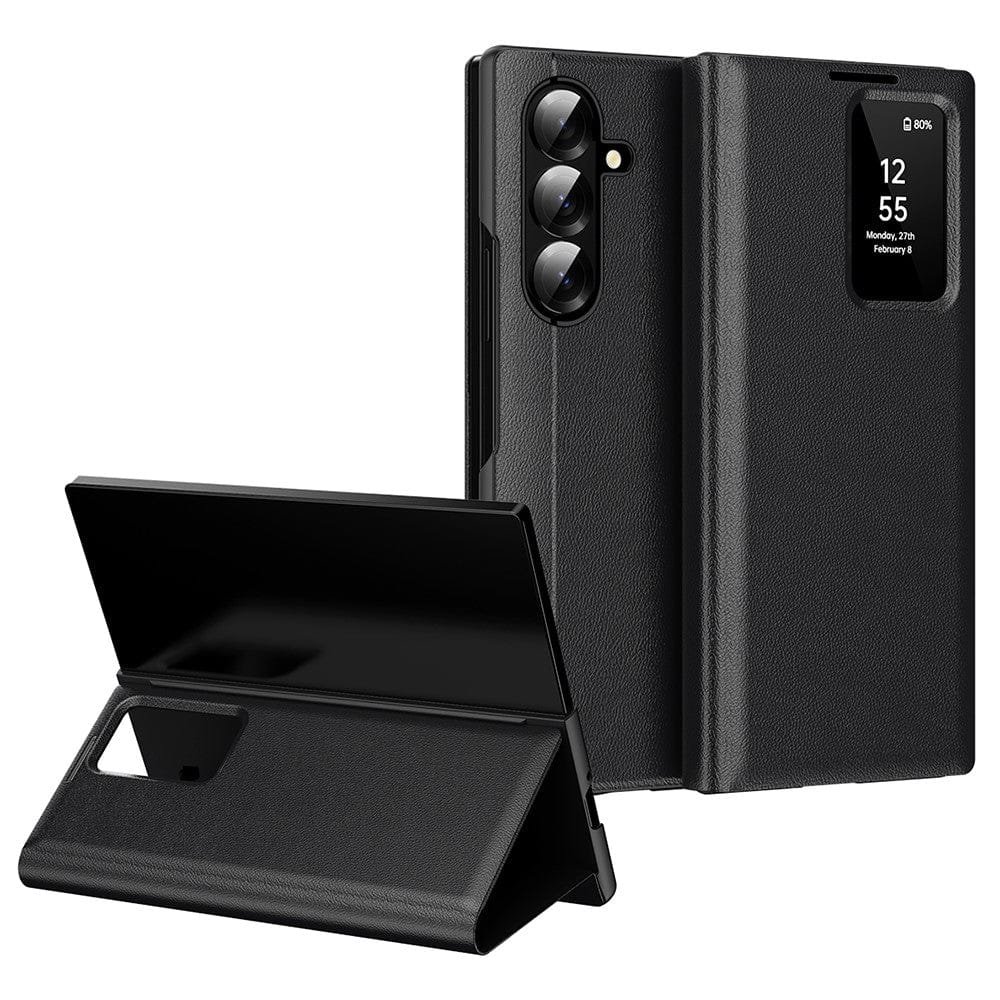 Flip Leather Case For Samsung Galaxy Z Fold 7 6 5 4 3 Series with Smart View Window and Card Slot Phone Cover Black Samsung Galaxy Z Fold7 by The Case Factory