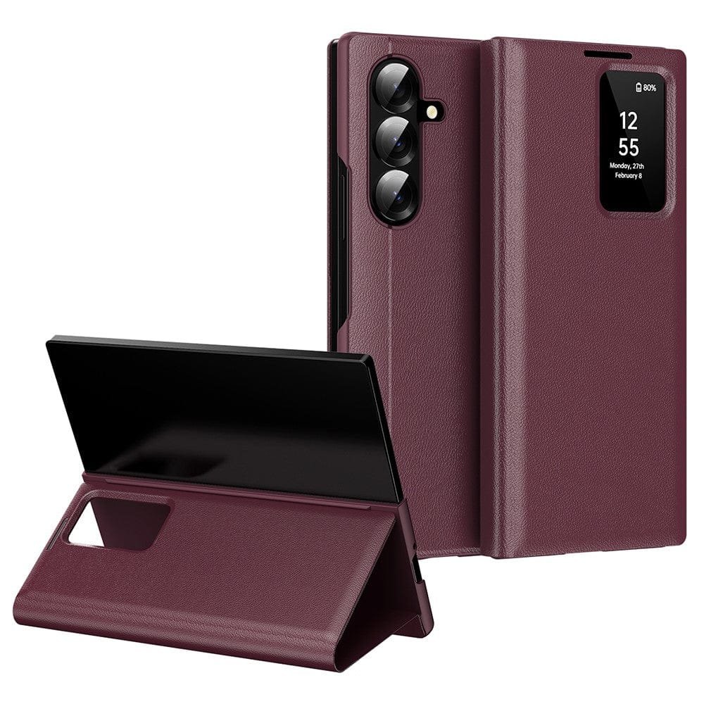 Flip Leather Case For Samsung Galaxy Z Fold 7 6 5 4 3 Series with Smart View Window and Card Slot Phone Cover Wine Red Samsung Galaxy Z Fold7 by The Case Factory