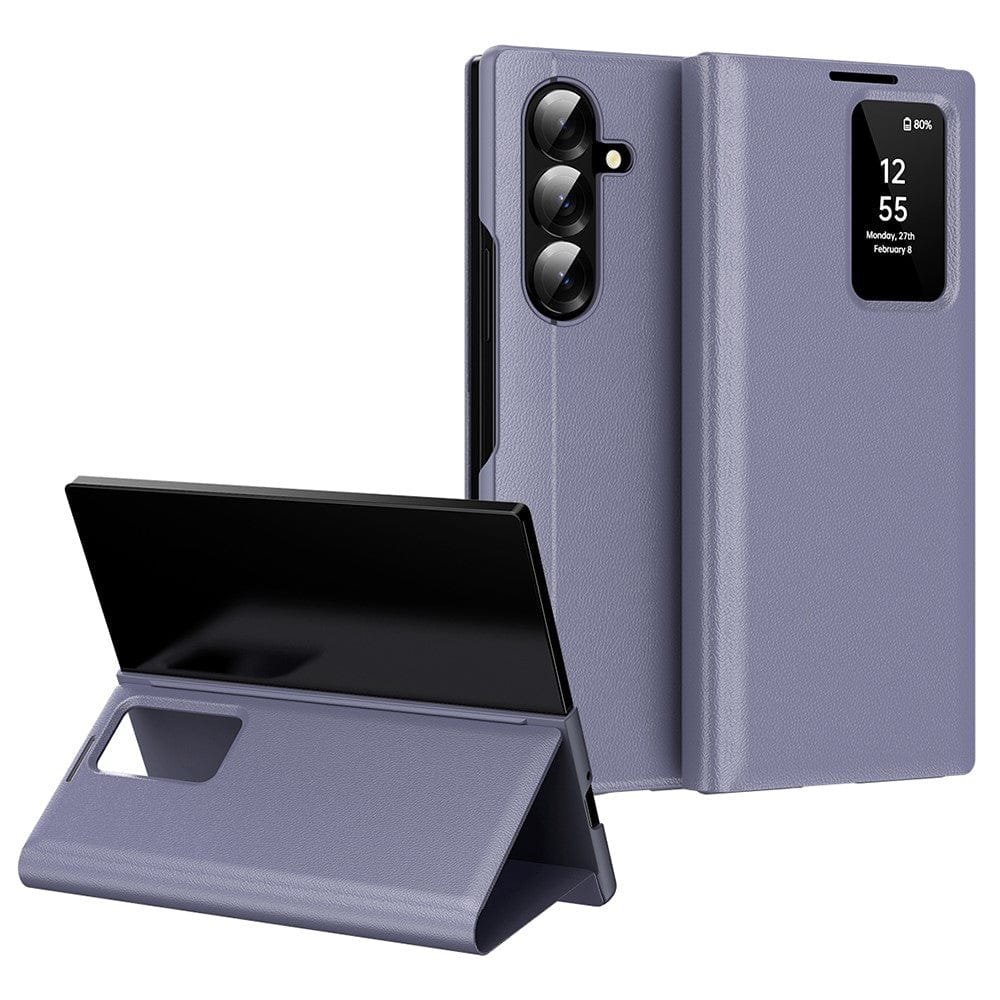 Flip Leather Case For Samsung Galaxy Z Fold 7 6 5 4 3 Series with Smart View Window and Card Slot Phone Cover Lavender Grey Samsung Galaxy Z Fold7 by The Case Factory