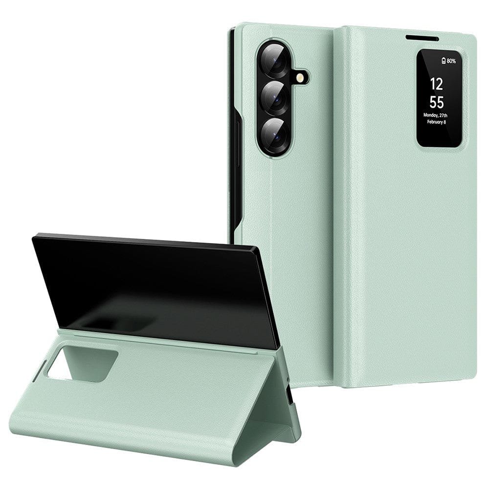 Flip Leather Case For Samsung Galaxy Z Fold 7 6 5 4 3 Series with Smart View Window and Card Slot Phone Cover Light Green Samsung Galaxy Z Fold7 by The Case Factory