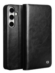 QIALINO For Samsung Galaxy S25 FE Wallet Case Waxy Genuine Leather Flip Phone Cover Black Samsung Galaxy S25 FE by The Case Factory