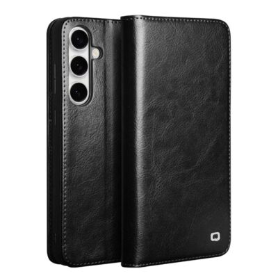 QIALINO For Samsung Galaxy S25 FE Wallet Case Waxy Genuine Leather Flip Phone Cover Black Samsung Galaxy S25 FE by The Case Factory