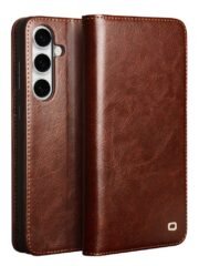 QIALINO For Samsung Galaxy S25 FE Wallet Case Waxy Genuine Leather Flip Phone Cover Brown Samsung Galaxy S25 FE by The Case Factory