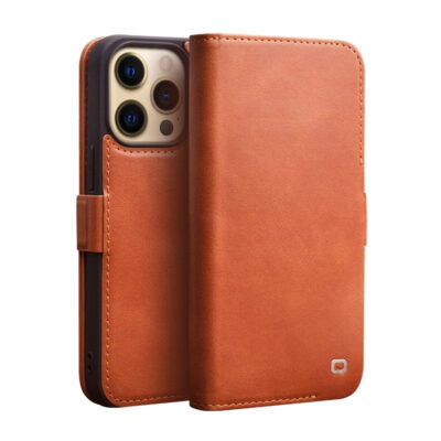QIALINO For iPhone 14 Pro Case Drop-Proof Business Style Genuine Leather Wallet Magnetic Closure Phone Cover Brown iPhone 14 Pro by The Case Factory