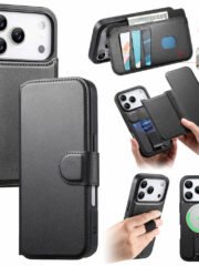 CASENEO For iPhone 17 Pro Magnetic Case RFID Blocking Wallet Detachable Leather Phone Cover with Wristband Black iPhone 17 Pro by The Case Factory