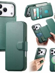 CASENEO For iPhone 17 Pro Magnetic Case RFID Blocking Wallet Detachable Leather Phone Cover with Wristband Green iPhone 17 Pro by The Case Factory