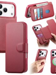 CASENEO For iPhone 17 Pro Magnetic Case RFID Blocking Wallet Detachable Leather Phone Cover with Wristband Red iPhone 17 Pro by The Case Factory