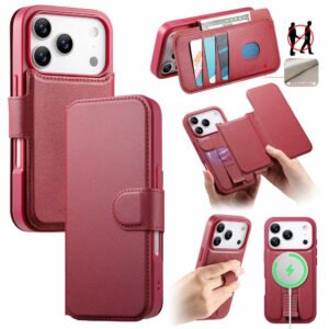 CASENEO For iPhone 17 Pro Magnetic Case RFID Blocking Wallet Detachable Leather Phone Cover with Wristband Red iPhone 17 Pro by The Case Factory